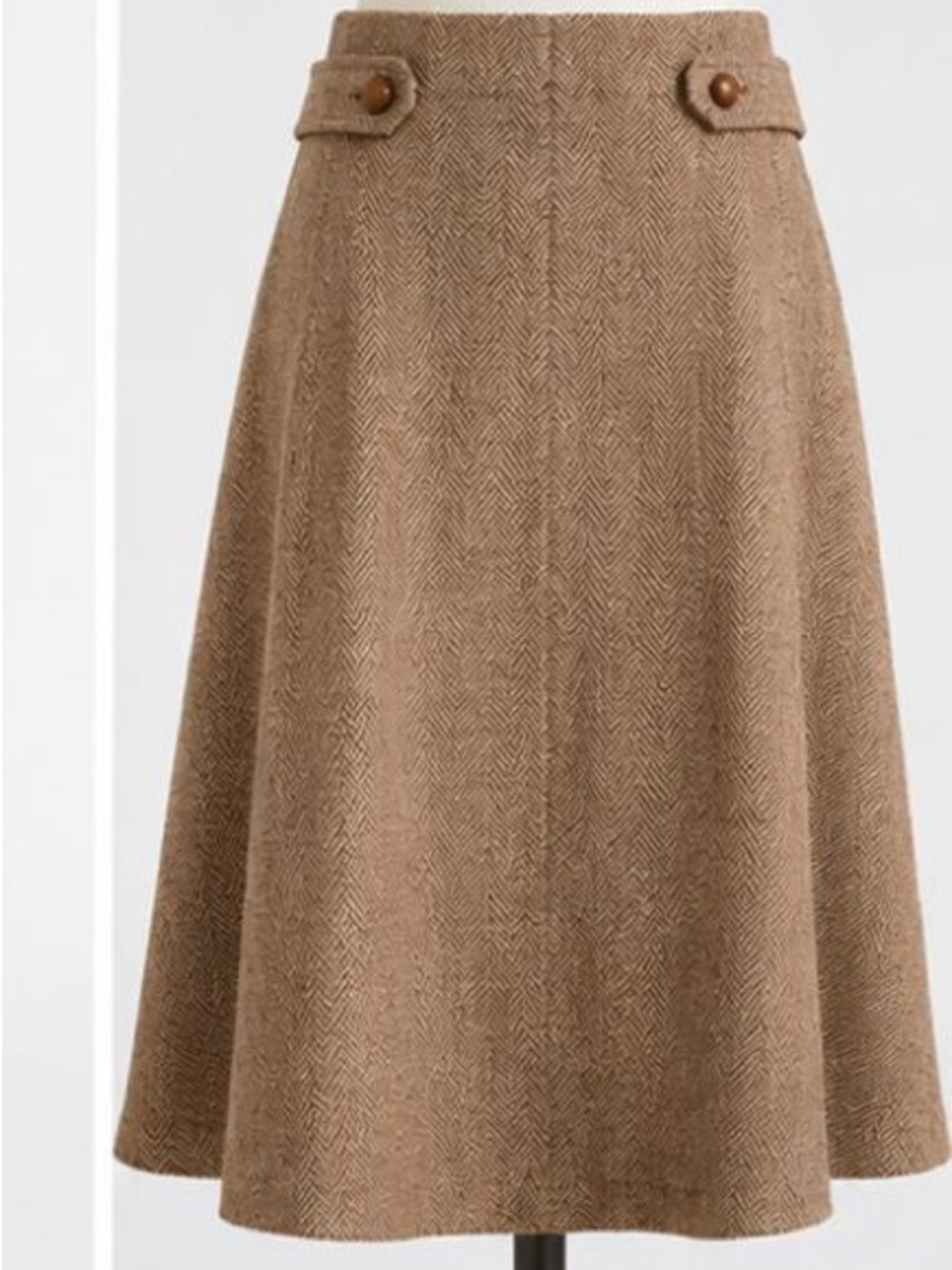 Tailored Tan Herringbone A-Line Skirt with Button Waist - Picture 2 of 6